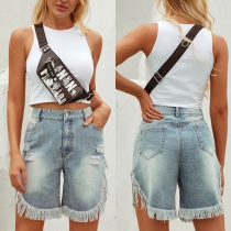 Fashion High Waist Tassel Hem Ripped Denim Shorts