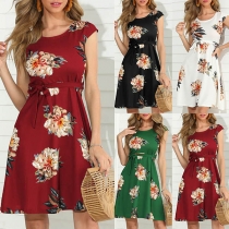 Fashion Short Sleeve Round Neck High Waist Printed Dress