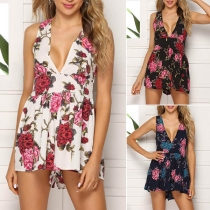 Sexy Backless Deep V-neck Sleeveless High Waist Printed Romper