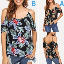 Sexy Off-shoulder Short Sleeve V-neck Printed Sling Top