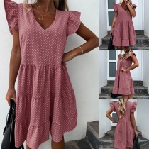 Sexy V-neck Puff Sleeve Dots Printed Ruffle Cake Dress