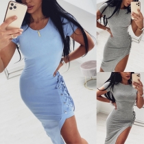 Sexy Slit Lace-up Hem Short Sleeve Round Neck Solid Color Slim Fit Dress