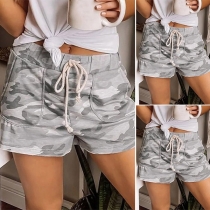 Fashion Drawstring Waist Camouflage Printed Shorts