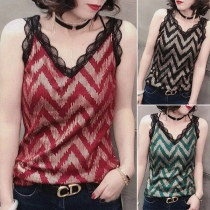 Sexy Backless V-neck Lace Spliced Wavy-stripe Printed Sling Top