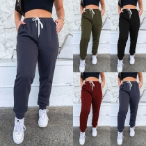 Fashion Solid Color Elastic Drawstring Waist Sports Pants