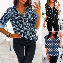 Fashion Long Sleeve Zipper V-neck Printed Blouse