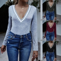 Sexy Contrast Color V-neck Long Sleeve Bodysuit