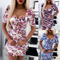 Sexy V-neck Short Sleeve Slim Fit Printed Dress