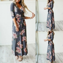 Sexy V-neck 3/4 Sleeve High Waist Printed Maxi Dress