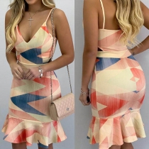 Sexy Backless V-neck RUffle Hem Printed Sling Dress