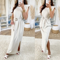 Fashion Solid Color Sleeveless Round Neck Slit Hem Dress