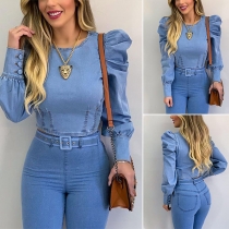 Sexy Puff Sleeve Round Neck Denim Crop Top