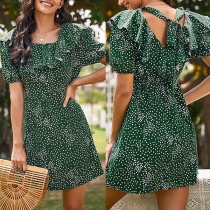 Sweet Style Short Sleeve High Waist Dots Printed Ruffle Dress