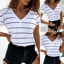 Fashion Lotus Sleeve V-neck Striped T-shirt