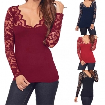 Sexy Lace Spliced Long Sleeve V-neck T-shirt