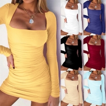 Sexy Square Collar Long Sleeve Solid Color Slim Fit Dress