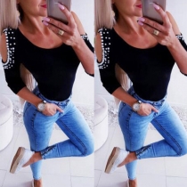 Sexy Off-shoulder Long Sleeve Round Neck Beaded T-shirt