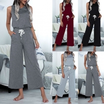 Fashion Solid Color Sleeveless Round Neck High Waist Wide-leg Jumpsuit