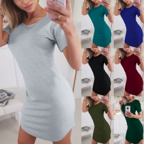 Simple Style Short Sleeve Round Neck Solid Color Slim Fit Dress