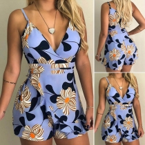 Sexy Backless Deep V-neck High Waist Slim Fit Printed Sling Romper