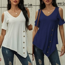Sexy Off-shoulder Short Sleeve V-neck Irregular Hem T-shirt