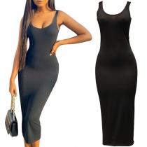 Fashion Solid Color Sleeveless Round Neck Slit Hem Dress