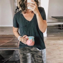Fashion Short Sleeve V-neck T-shirt + Camouflage Printed Pants Two-piece Set