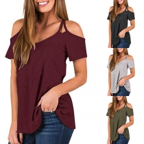 Sexy Off-shoulder Short Sleeve V-neck Solid Color T-shirt