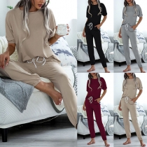 Fashion Solid Color Short Sleeve Round Neck Top + Pants Two-piece Set