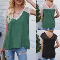 Fashion Lace Spliced Sleeveless V-neck Loose Top
