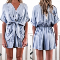 Fashion Solid Color Short Sleeve V-neck High Waist Romper