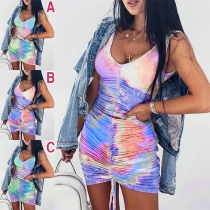 Sexy V-neck Sleeveless Slim Fit Tie-dye Printed Dress
