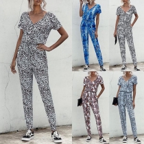 Sexy V-neck Short Sleeve High Waist Printed Jumpsuit