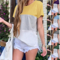 Fashion Striped Spliced Short Sleeve Round Neck Contrast Color T-shirt