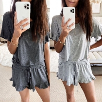 Fashion Solid Color Short Sleeve T-shirt + Ruffle Hem Shorts Two-piece Set