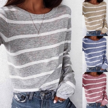 Fashion Long Sleeve Round Neck Striped T-shirt