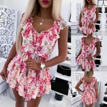 Sweet Style Sleeveless Round Neck Ruffle Printed Dress