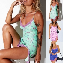 Sexy Backless V-neck Slit Hem Lace Spliced Slim Fit Sling Printed Dress