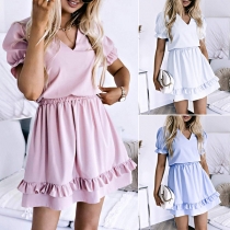 Fashion Solid Color Puff Sleeve V-neck Ruffle Hem Dress