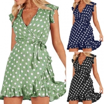 Fashion Sleeveless V-neck Ruffle Hem Dots Printed Dress