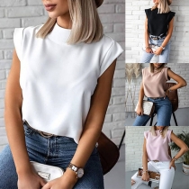 Enkel stil enfärgad Mock Neck ärmlös T-shirt