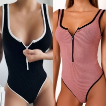 Sexy Backless U-neck Contrast Color Sleeveless Bodysuit