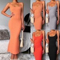 Sexy Backless Solid Color Slim Fit Fishtail Hem Sling Dress