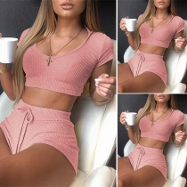 Sexy Short Sleeve Hooded Crop Top + High Waist Shorts Two-piece Set