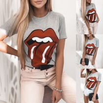 Chic Style Lip Printed Short Sleeve Round Neck T-shirt