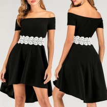 Sexy Off-shoulder Boat Neck Lace Spliced High Waist High-low Hem Dress