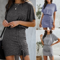 Fashion Solid Color Short Sleeve Round Neck Slim Fit Drawstring Dress
