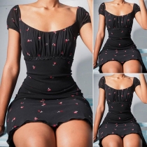 Fashion Short Sleeve Square Collar Slim Fit Printed Dress