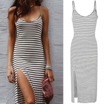 Sexy Backless Slit Hem Slim Fit Sling Striped Dress
