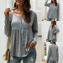Fashion Solid Color Long Sleeve V-neck T-shirt